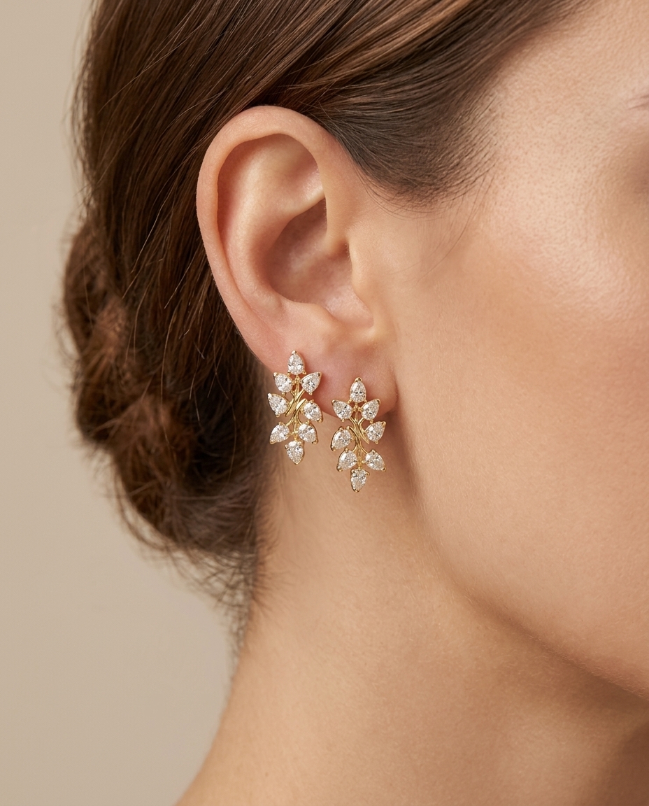14KT Gold Marquise Diamond Earring on model