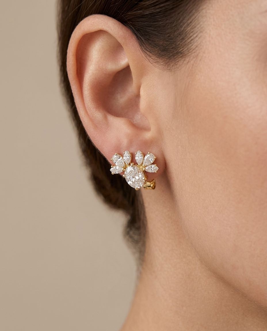 14KT Gold Marquise Diamond Earring on model