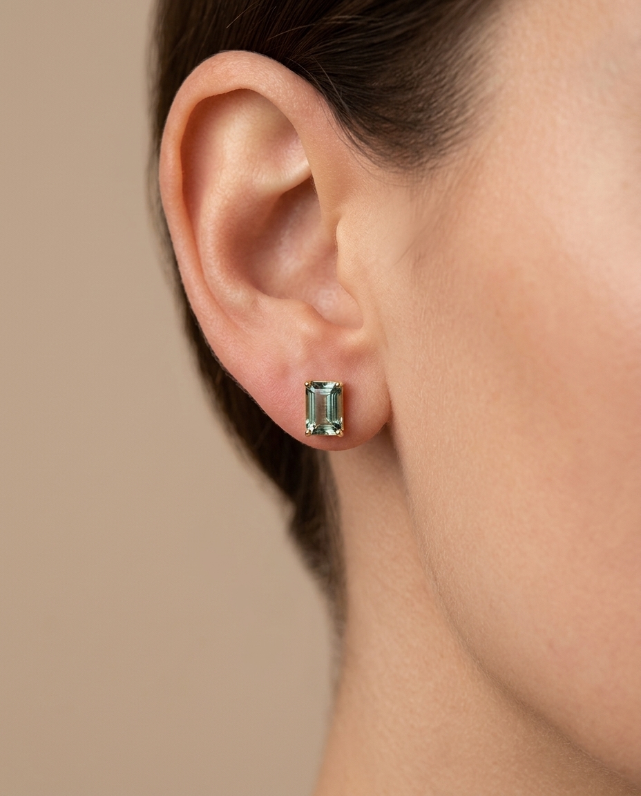 14KT Gold Aquamarine Stud Earring on model