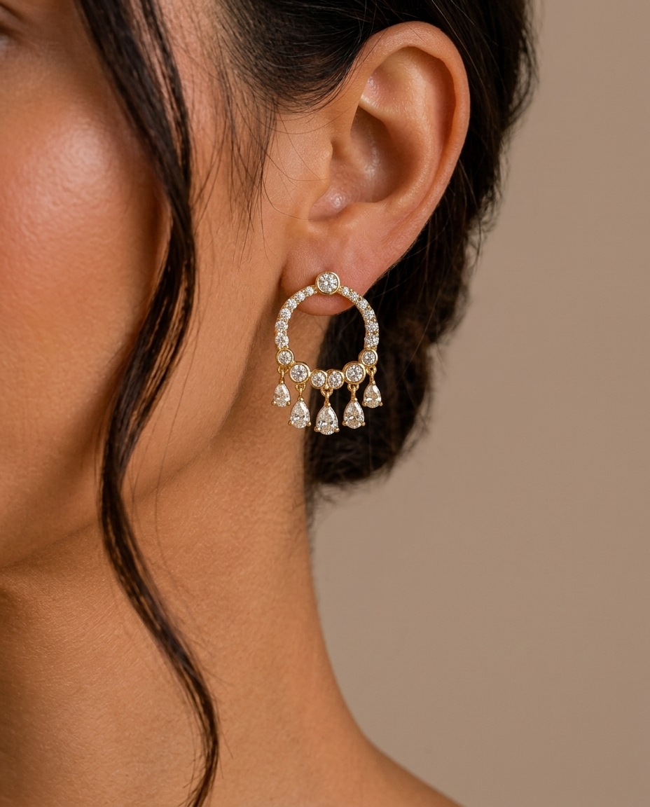 14KT Yellow Gold Diamond Dangling Earrings on model