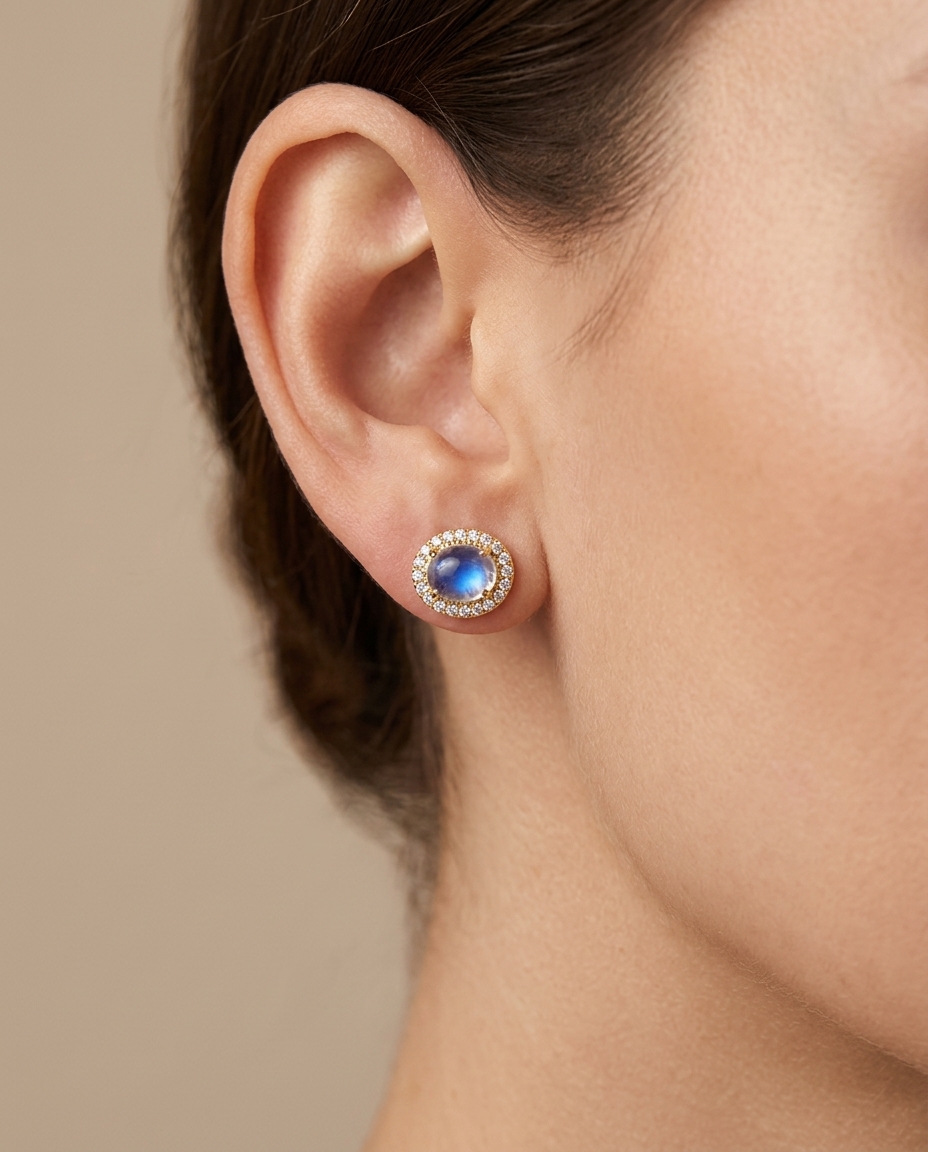 14KT Yellow Gold Rainbow Moonstone Diamond Earring on model