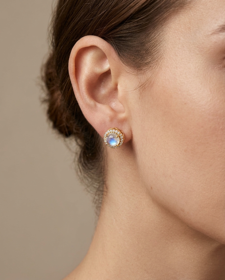 14KT Yellow Gold Rainbow Moonstone Diamond Earring on model