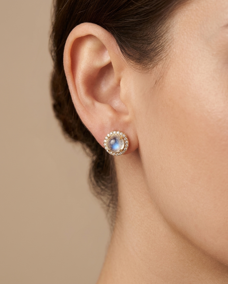 14KT Yellow Gold Rainbow Moonstone Diamond Earring on model