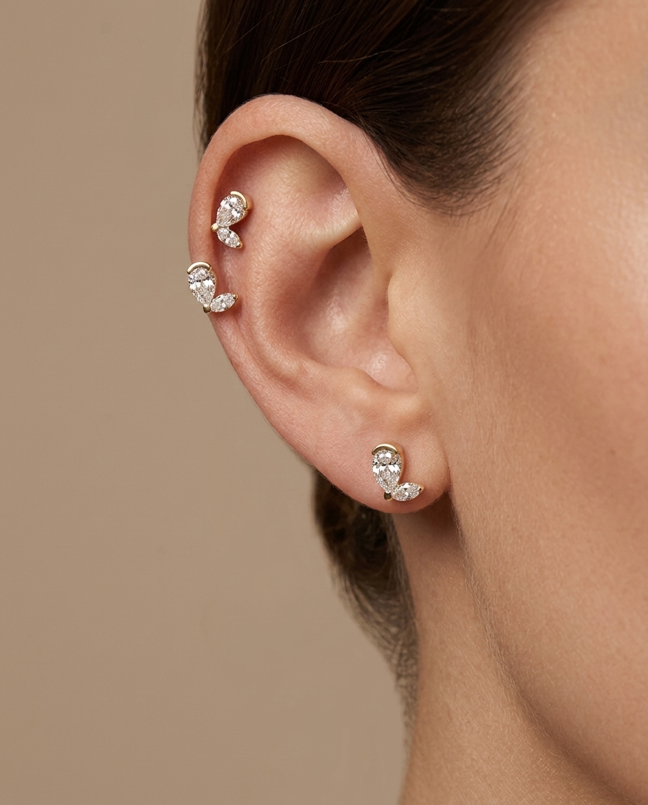14KT Gold Diamond Earring Studs on model