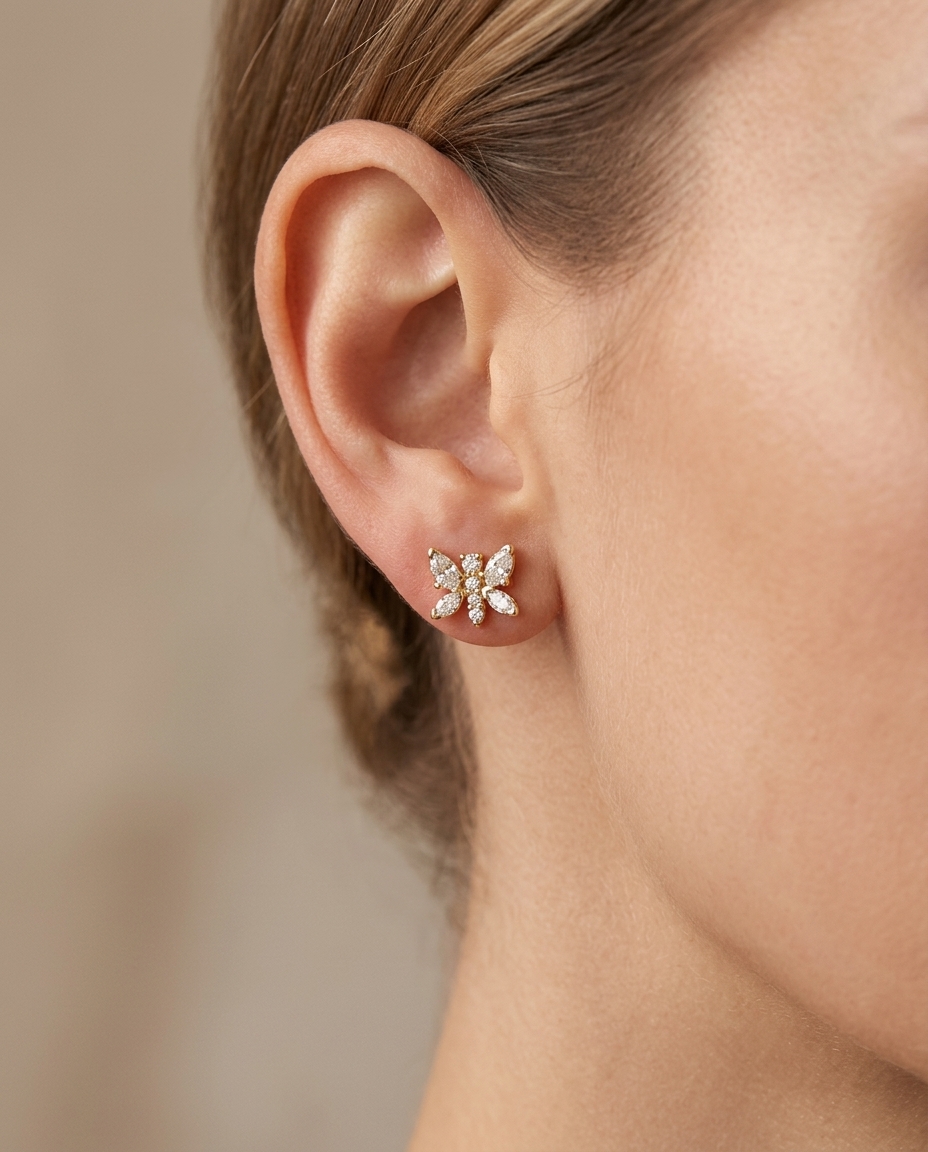 14KT Gold Diamond Butterfly Earrings on model