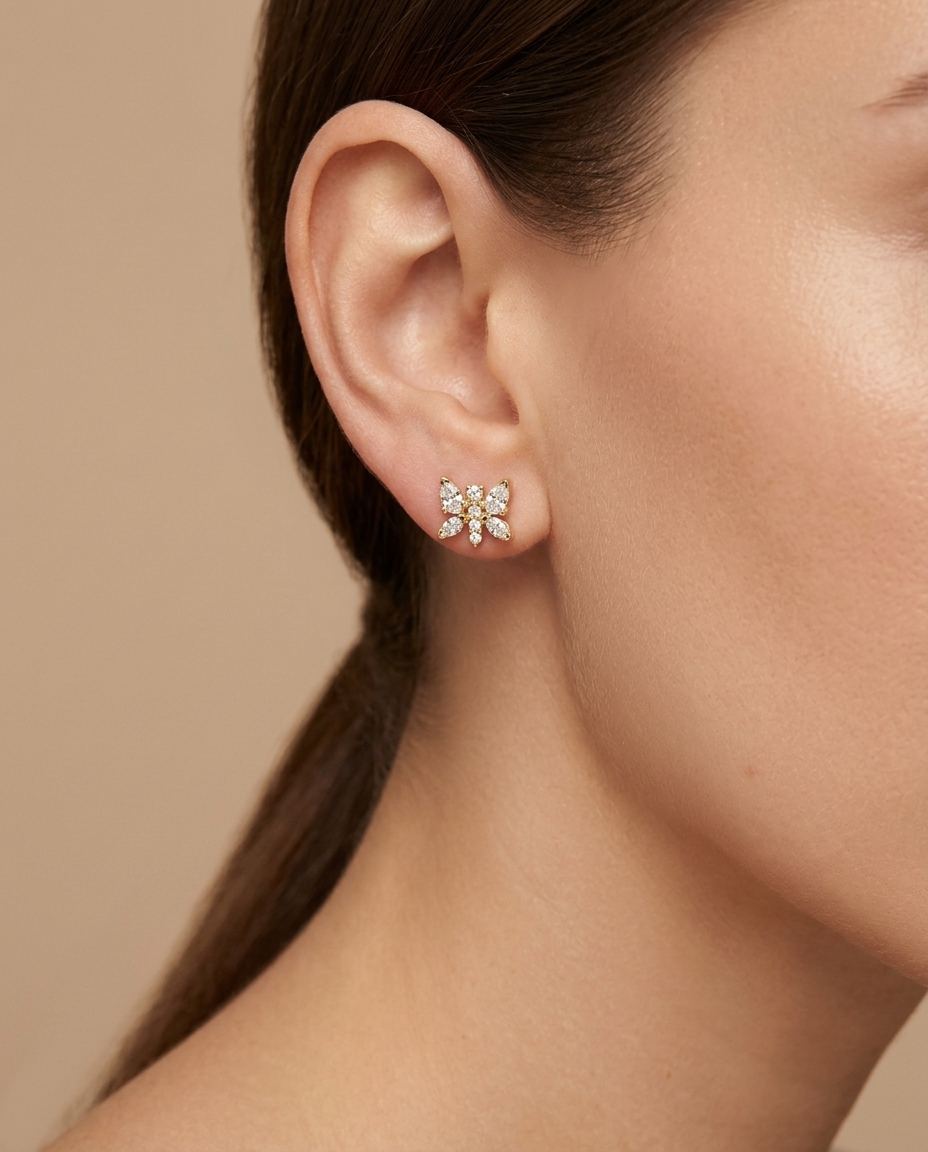 14KT Gold Diamond Butterfly Earrings on model