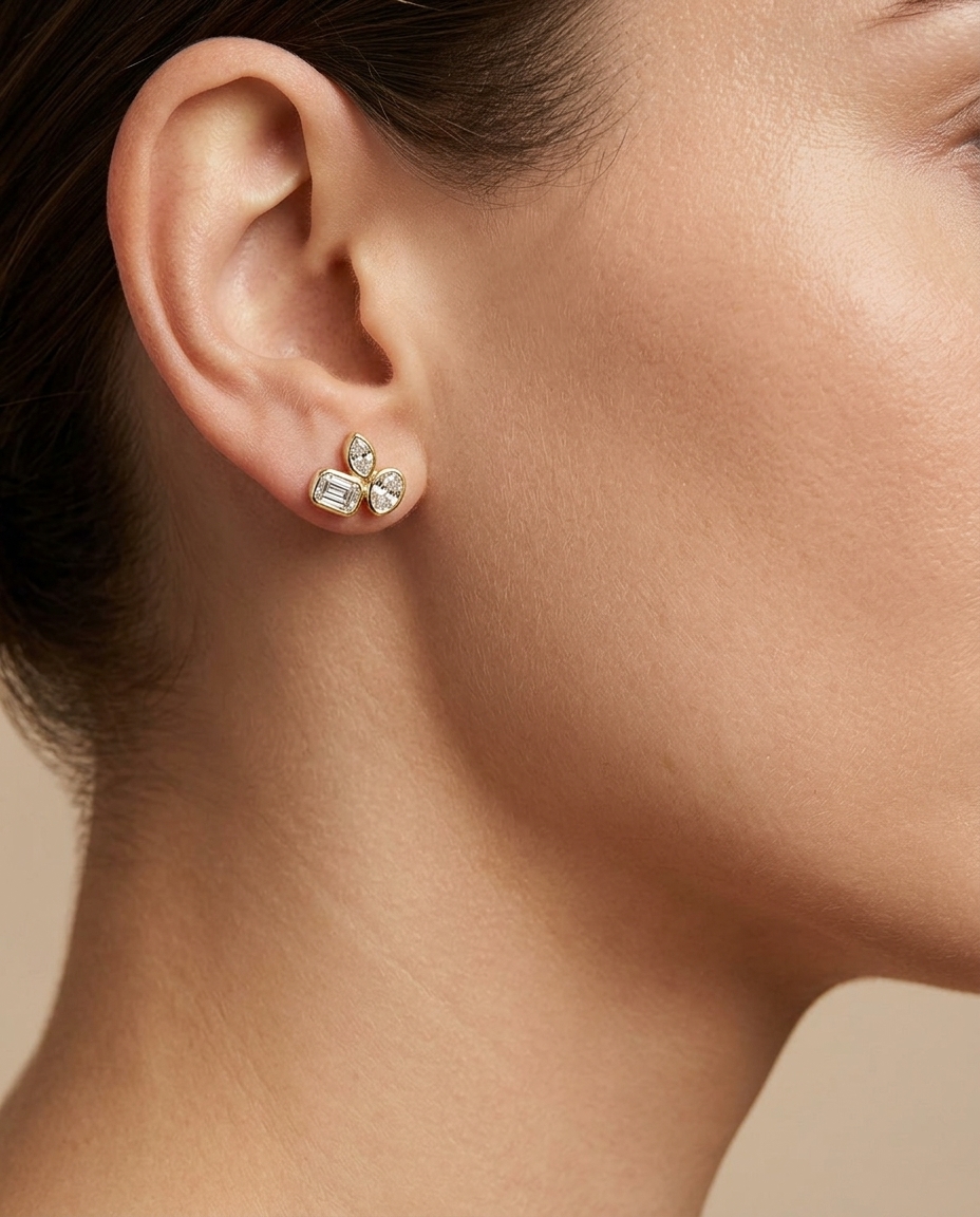 14KT Gold Diamond Earrings on model