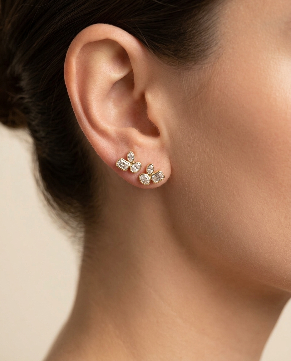 14KT Gold Diamond Earrings on model