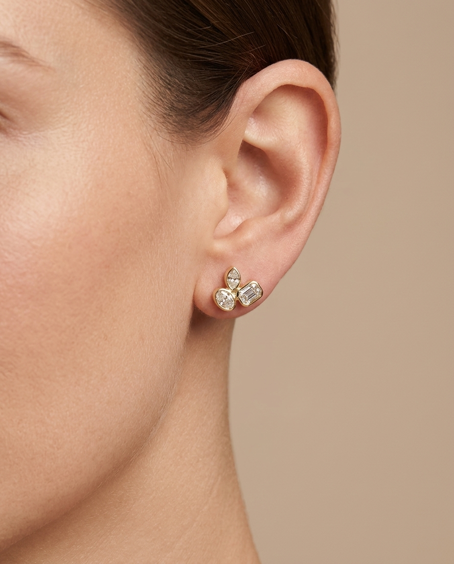 14KT Gold Diamond Earrings on model