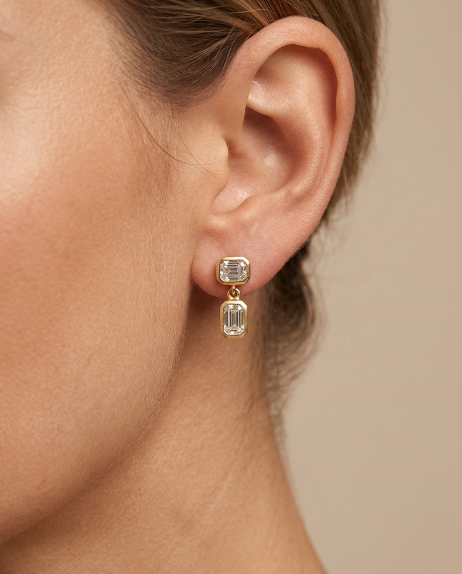 14KT Gold Diamond Dangling Earrings on model