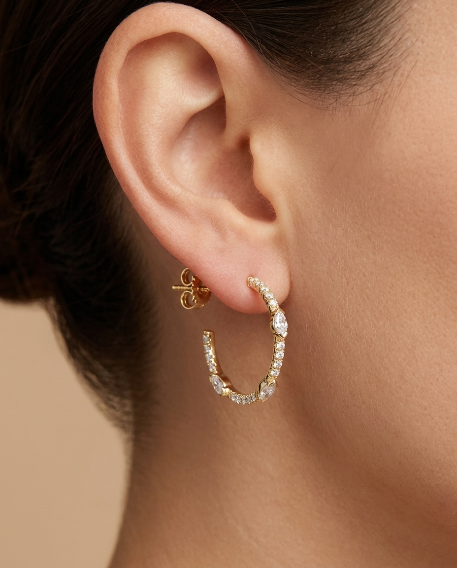 14KT Gold Diamond Earrings on model
