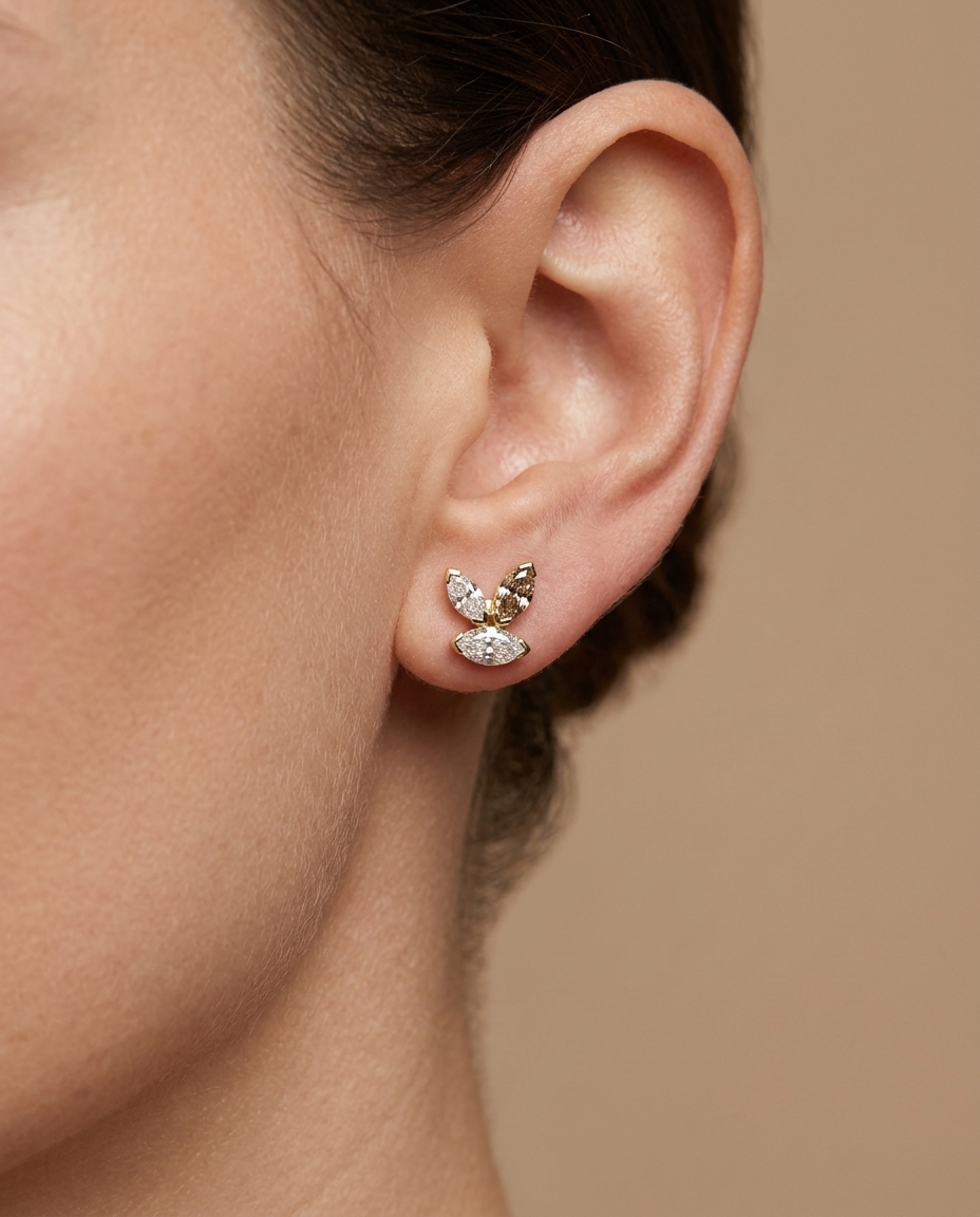 14KT Gold Marquise Diamond Earring Studs on model