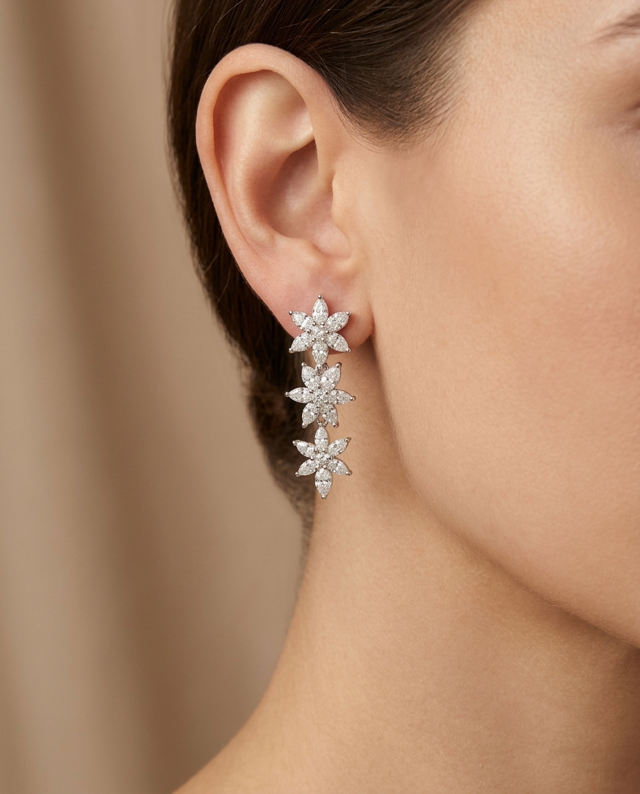 14KT White Gold Diamond Flower Earring on model