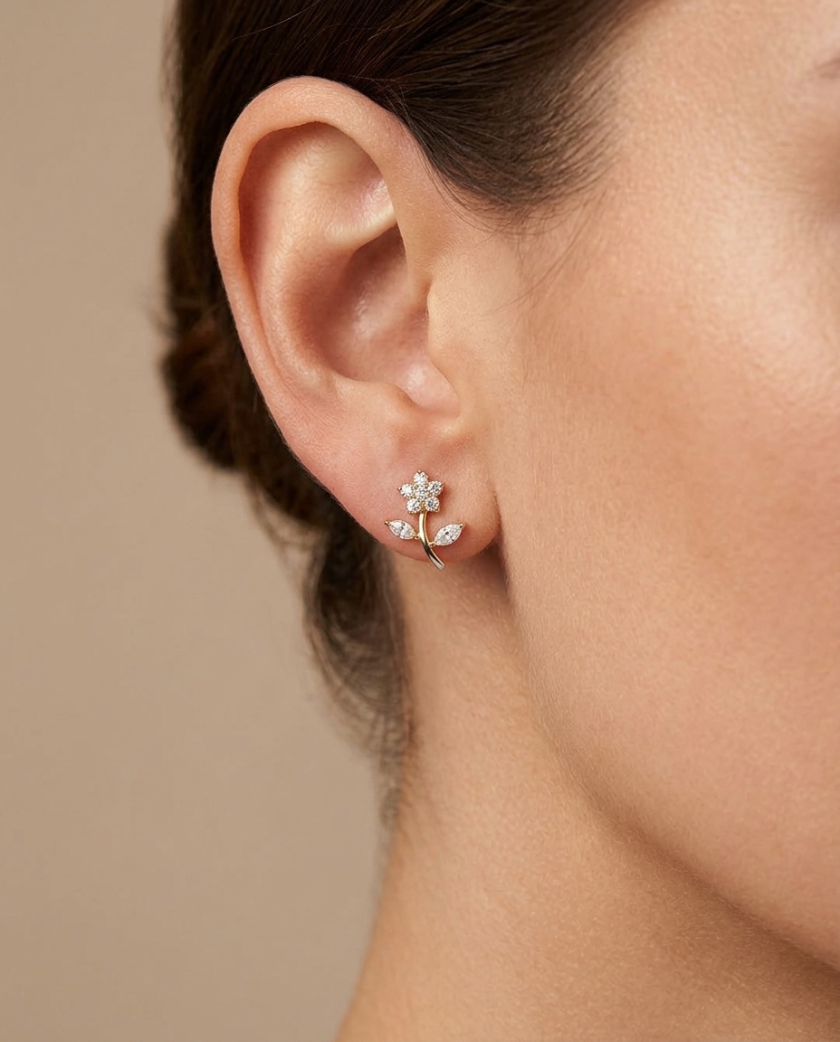 14KT Yellow Gold Diamond Flower Earring on model