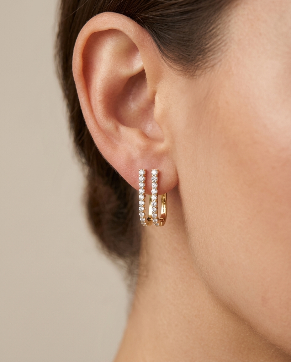 14KT Yellow Gold Diamond Hoop Earring on model
