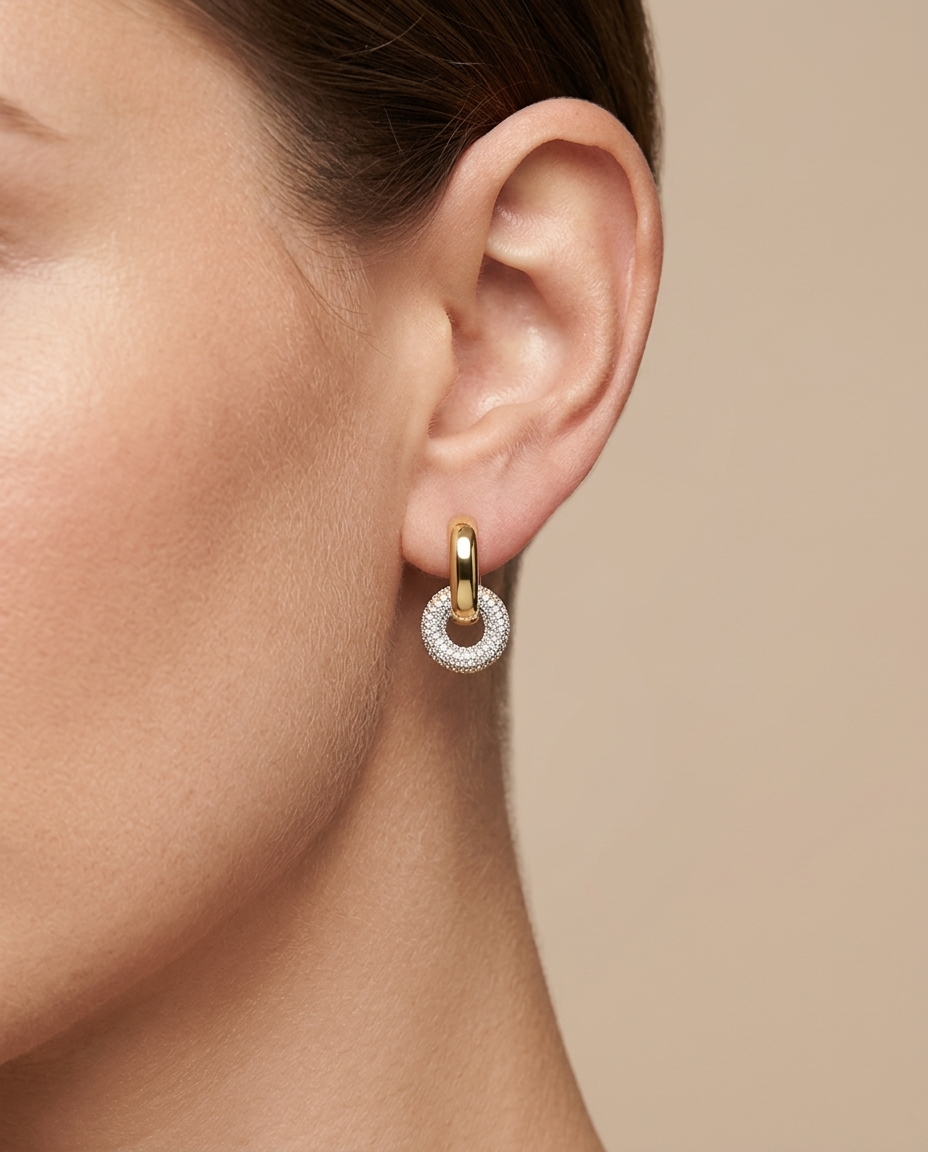 14KT Yellow Gold Diamond Dangling Hoop Earring on model