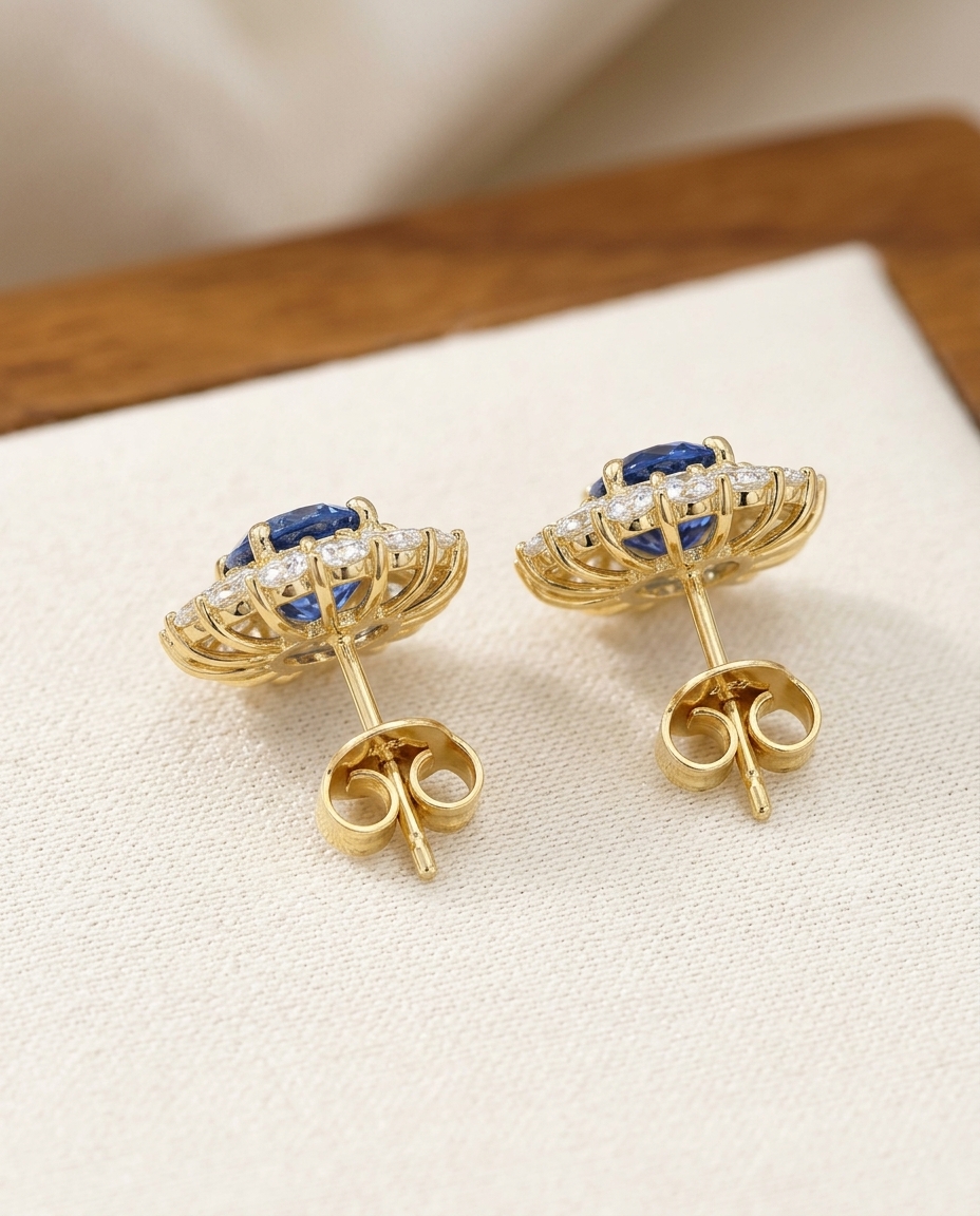 14KT Gold Blue Sapphire and Diamond Earring on model