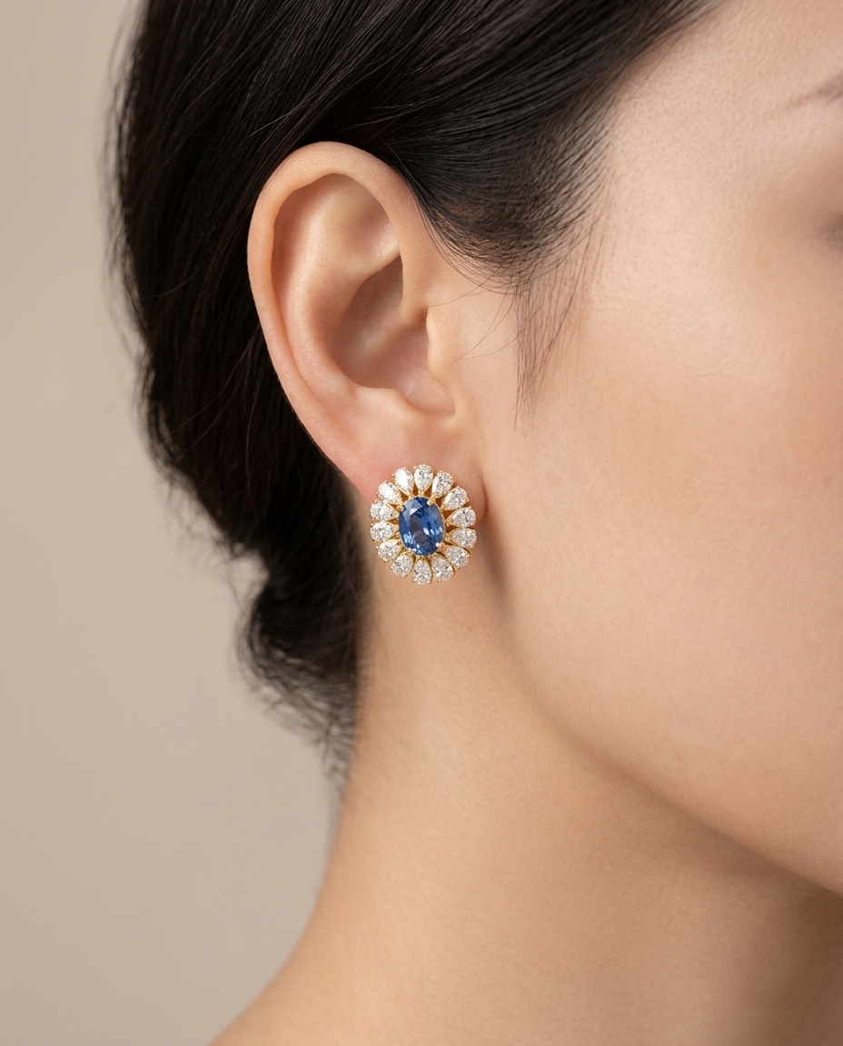 14KT Gold Blue Sapphire and Diamond Earring on model