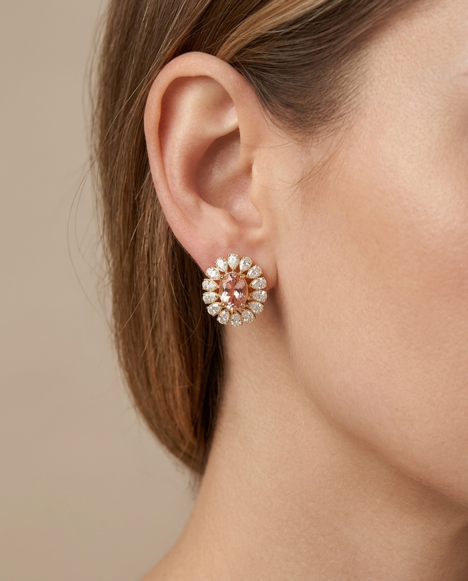 14KT Gold Morganite and Diamonds Earring on model
