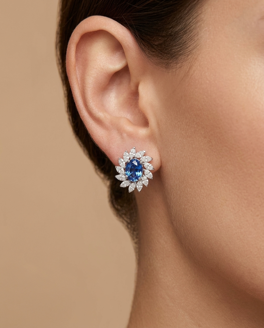 14KT White Gold Blue Sapphire and Diamond Earring on model