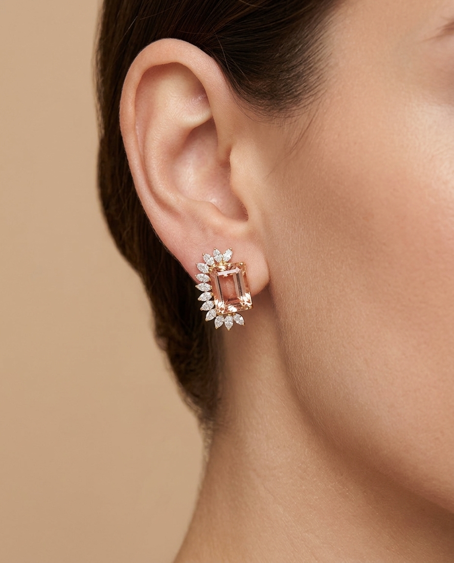 14KT Yellow Gold Morganite and Diamonds Earring on model