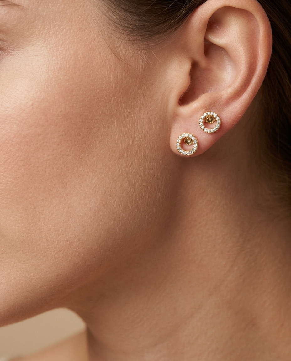 14KT Gold O Diamond Earring on model
