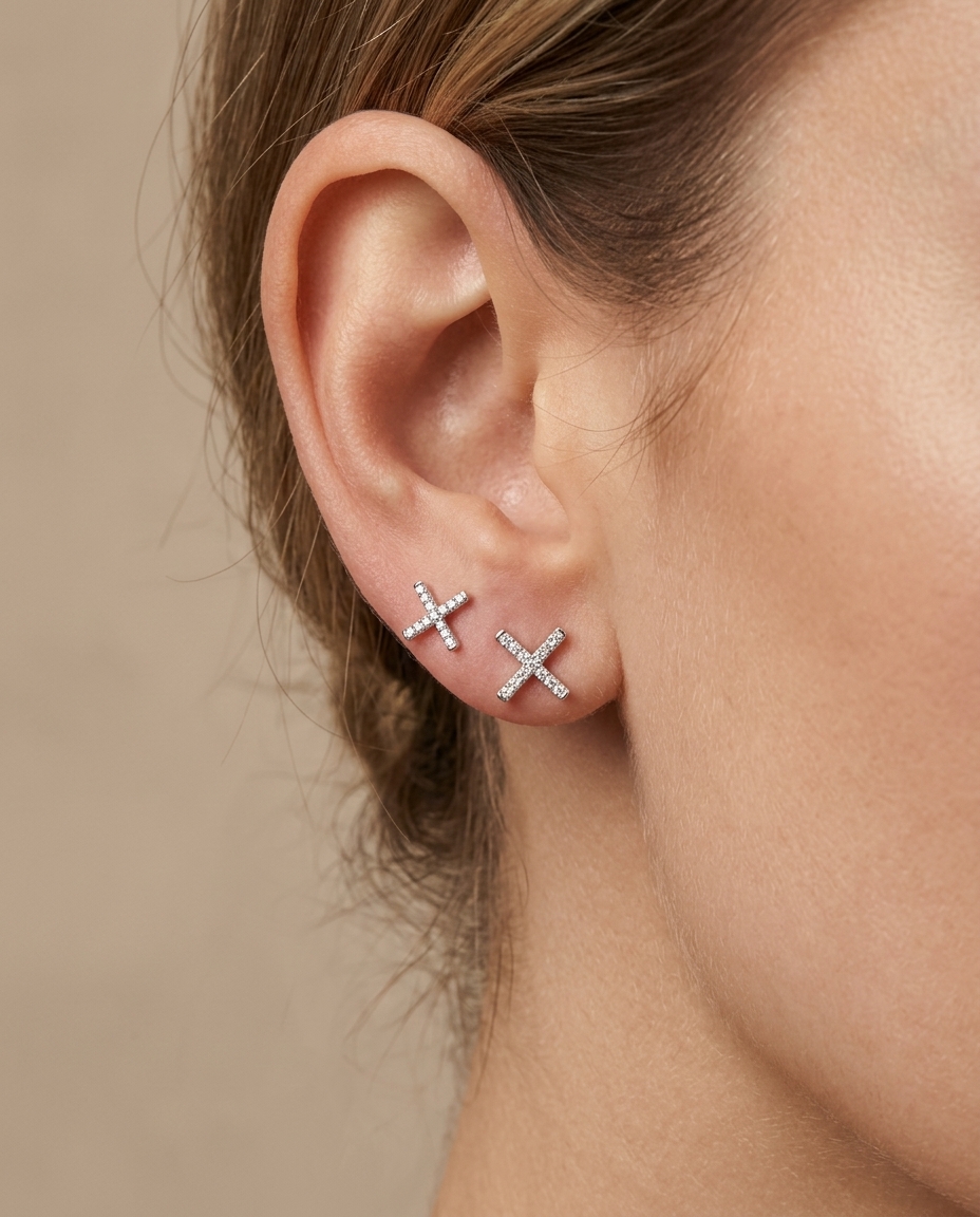 14KT White Gold X Diamond Earring on model