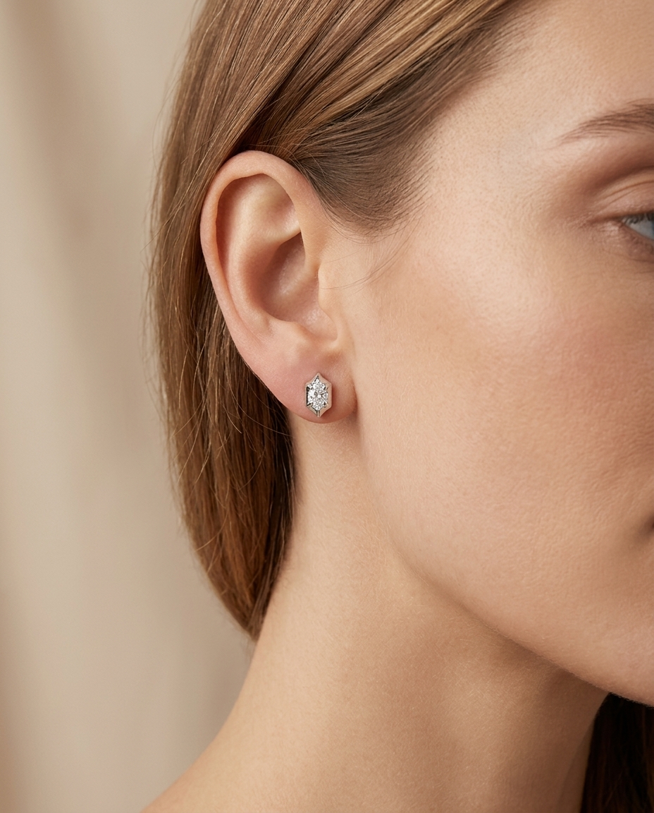 14KT White Gold Diamond Earring Studs on model