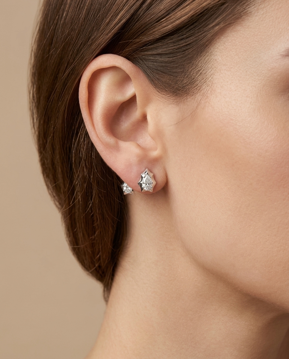 14KT White Gold Diamond Earring Studs on model