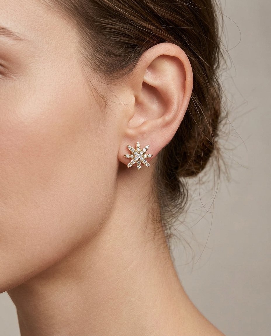 14KT Gold Starburst Diamond Earring Studs on model