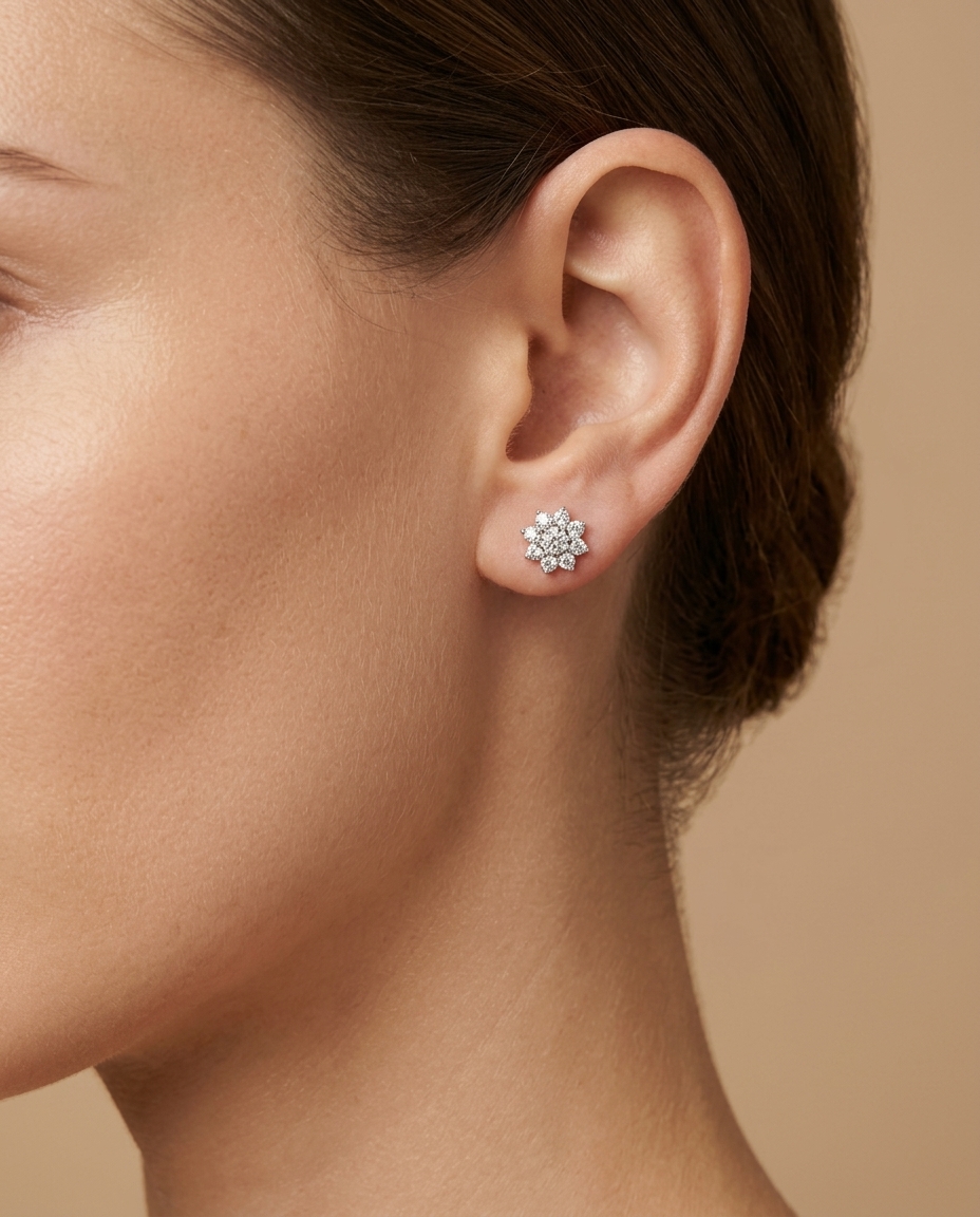 14KT White Gold Diamond Flower Earring on model