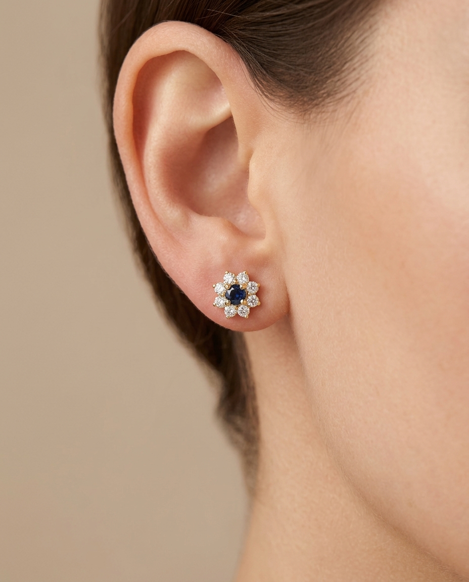 14KT Gold Blue Sapphire and Diamonds Earring on model
