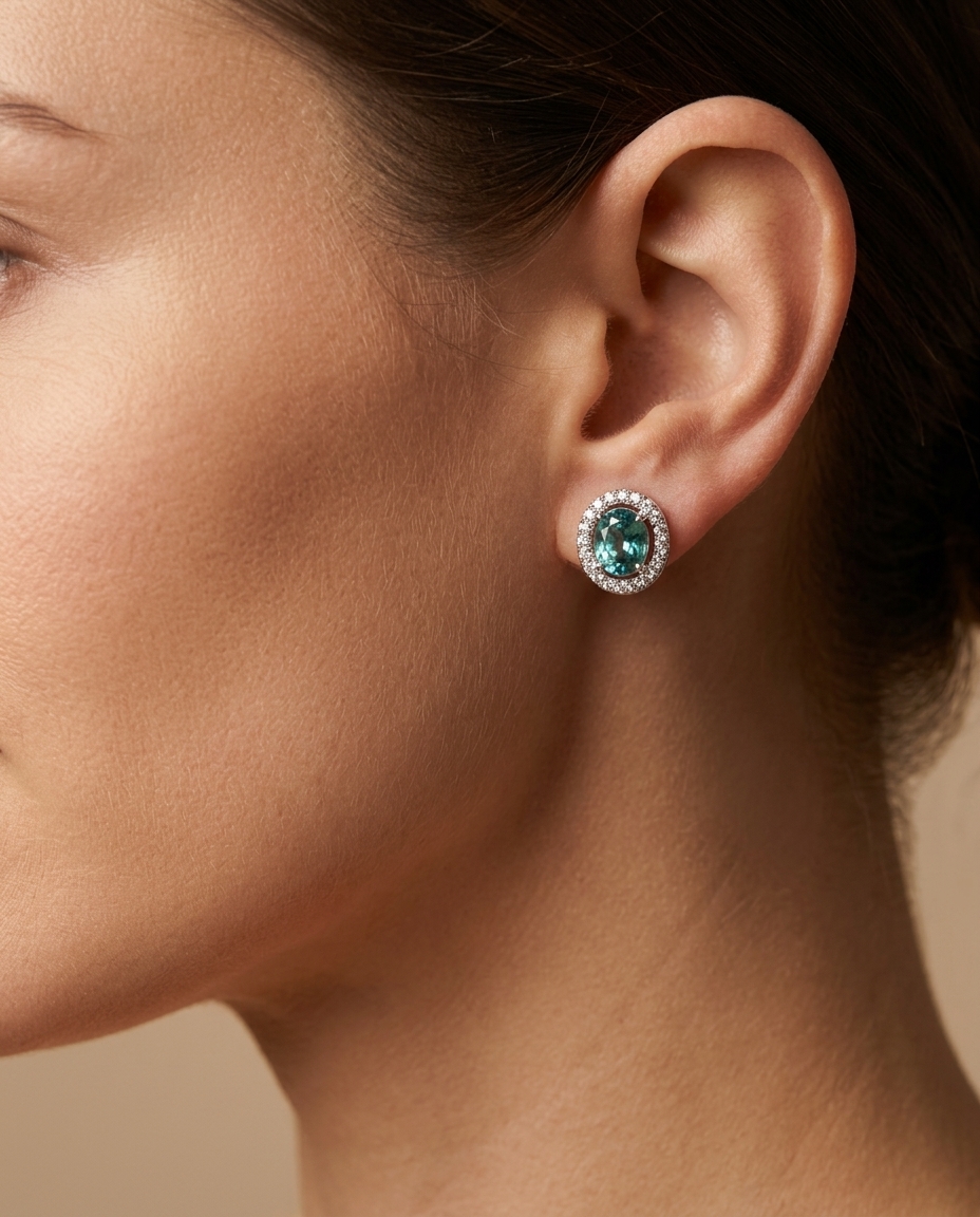 14KT White Gold Blue Zircon and Diamonds Earring on model