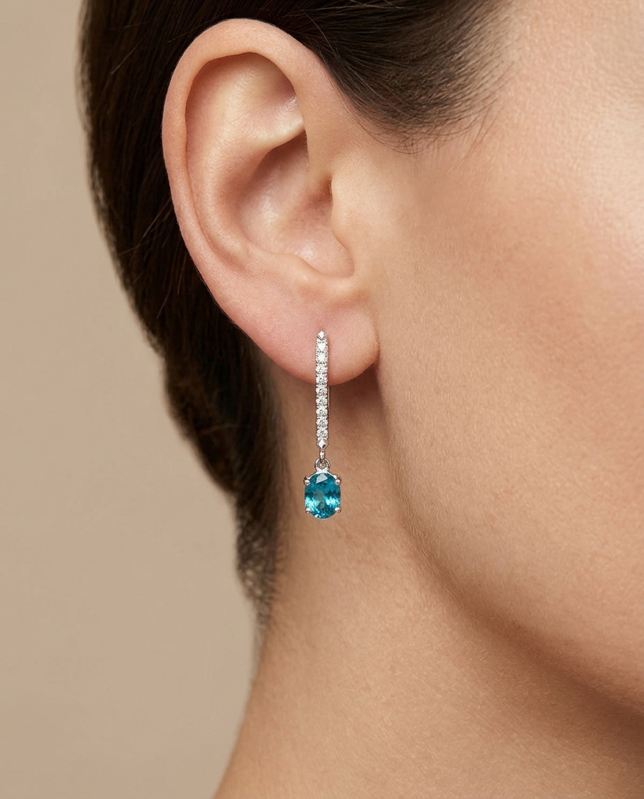 14KT White Gold Blue Zircon and Diamonds French Hook Dangling Earring on model