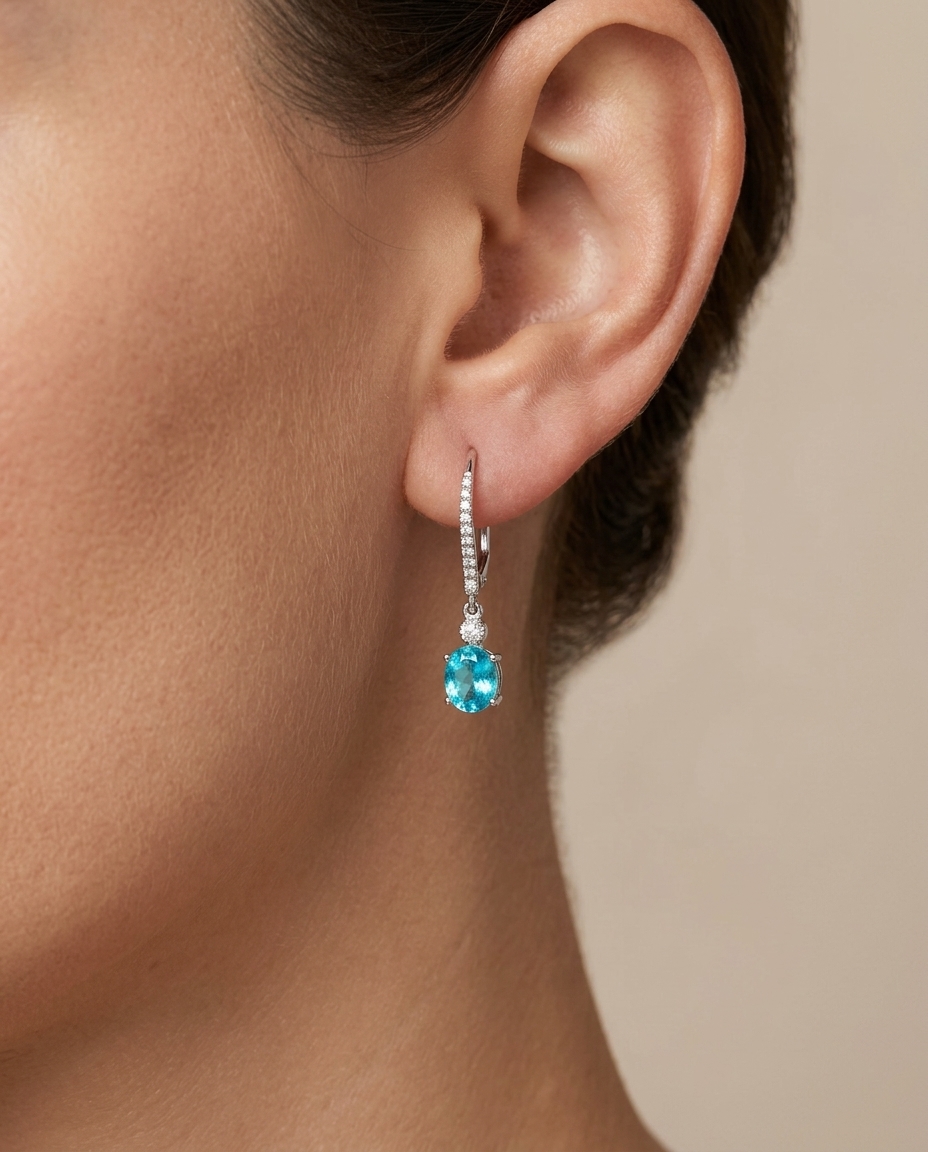 14KT White Gold Blue Zircon and Diamonds French Hook Dangling Earring on model