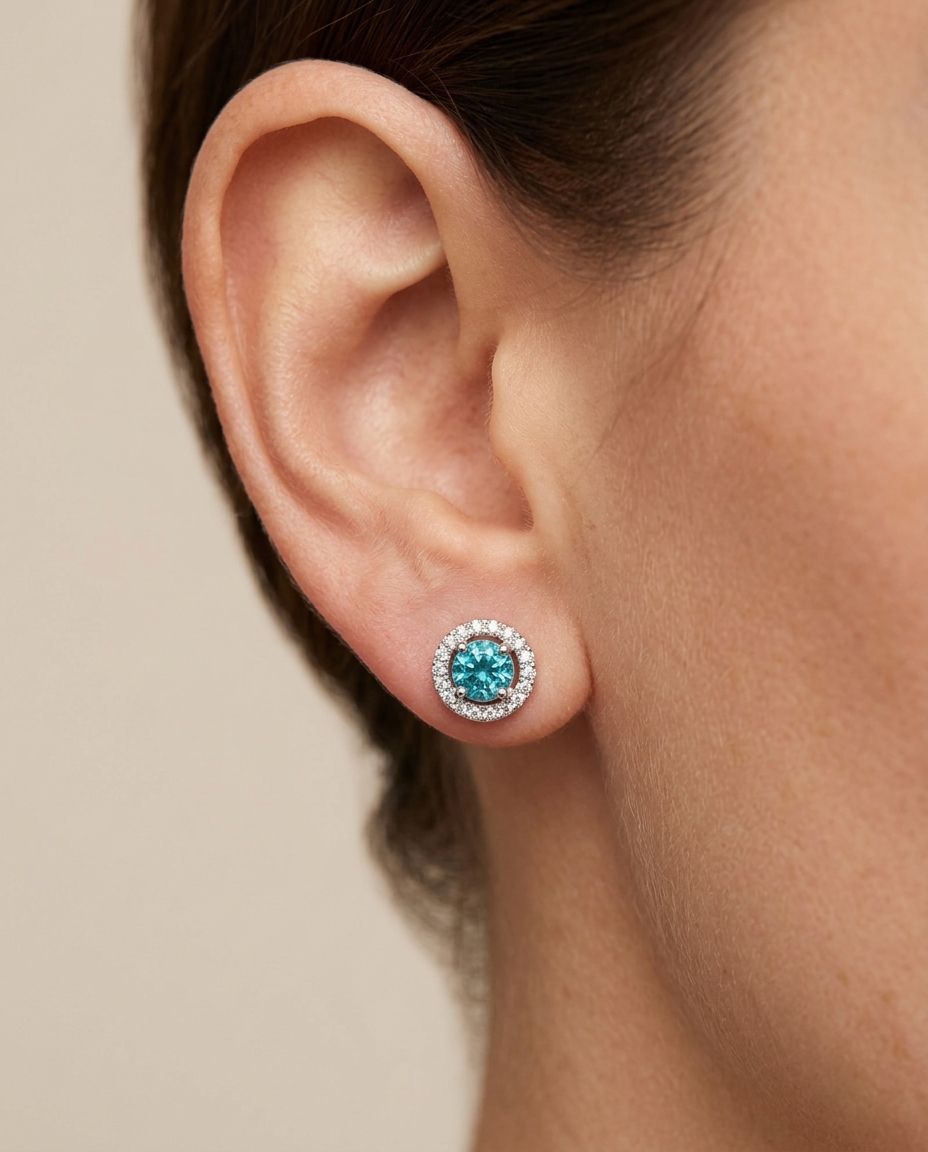 14KT White Gold Blue Zircon and Diamonds Earring on model