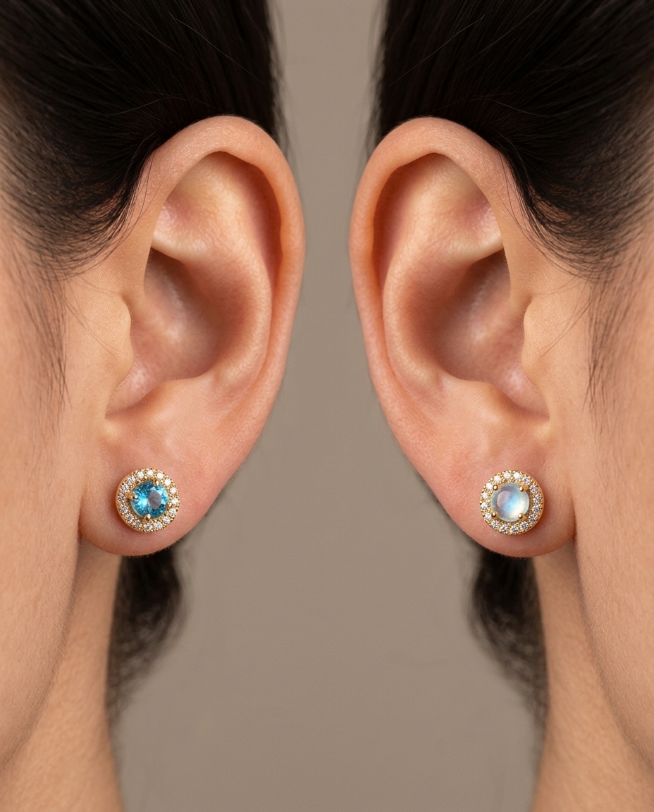 14KT Gold Aquamarine and Diamond Earring on model