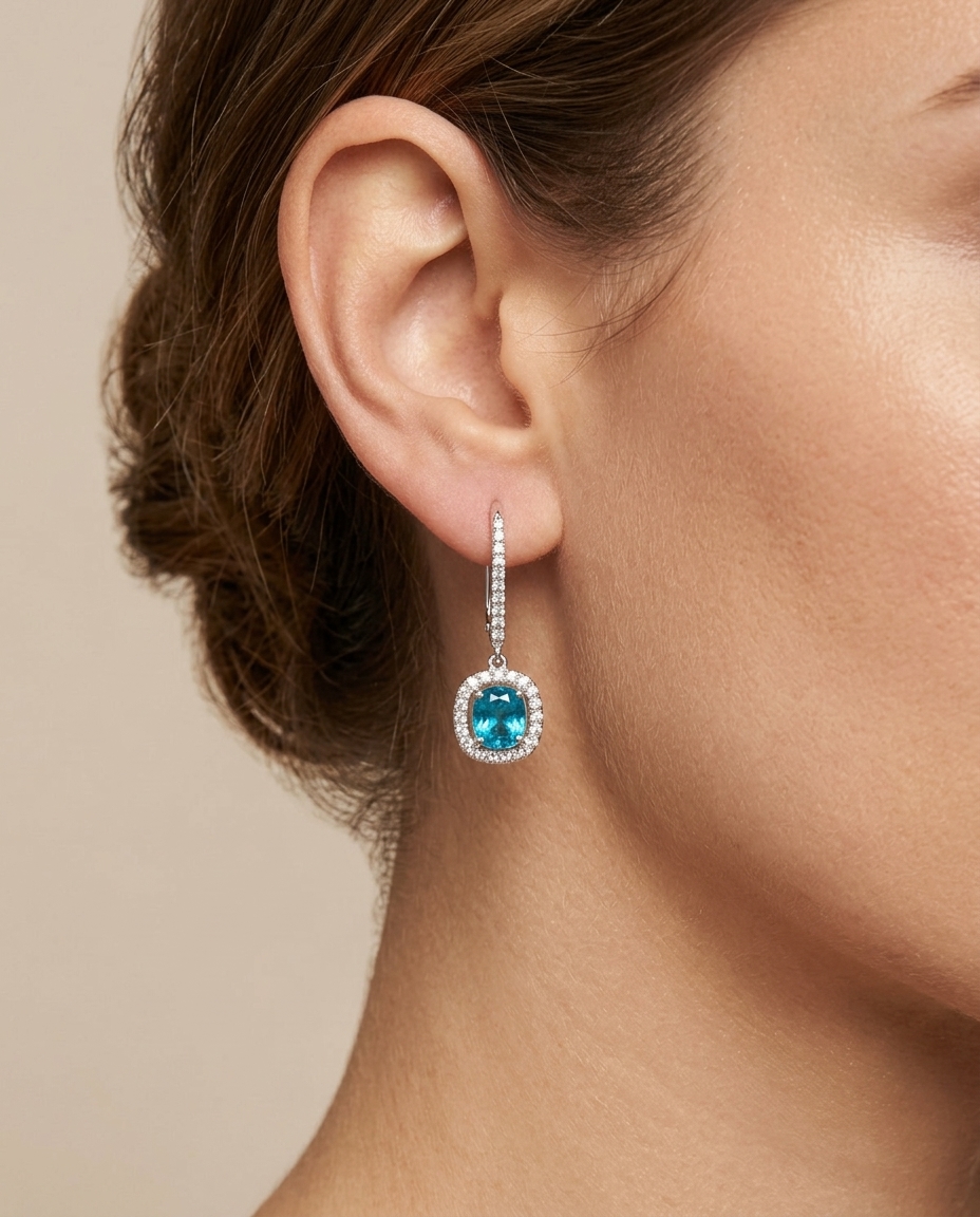14KT White Gold Blue Zircon and Diamonds French Hook Dangling Earring on model