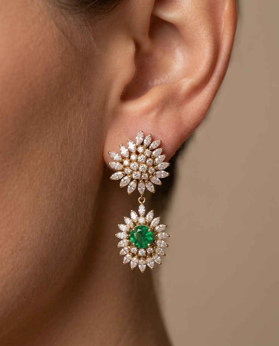 14KT Yellow Gold Tsavorite and Diamonds Stud Earring on model