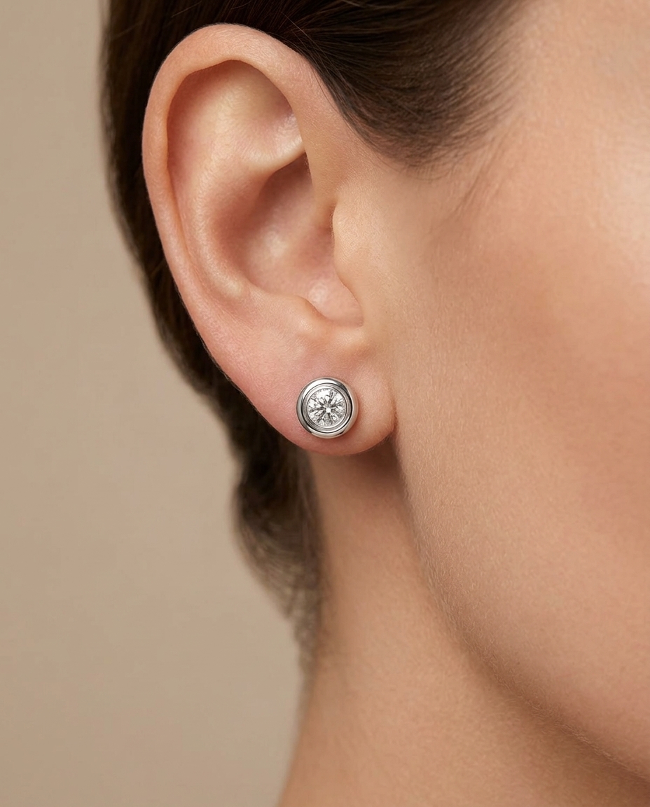 14KT Gold Diamond Bezel Set Earring on model