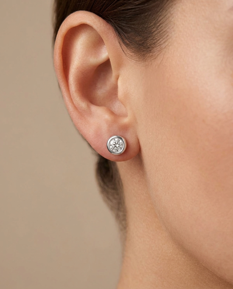 14KT Gold Diamond Bezel Set Earring on model