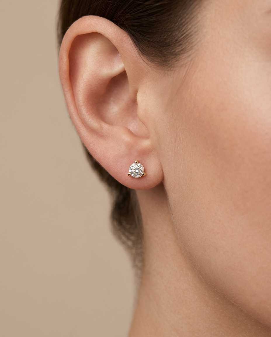 14KT Gold Three Prong Diamond Earrings on model