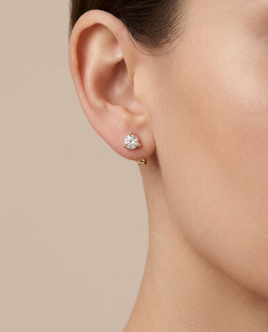 14KT Gold Three Prong Diamond Earrings on model