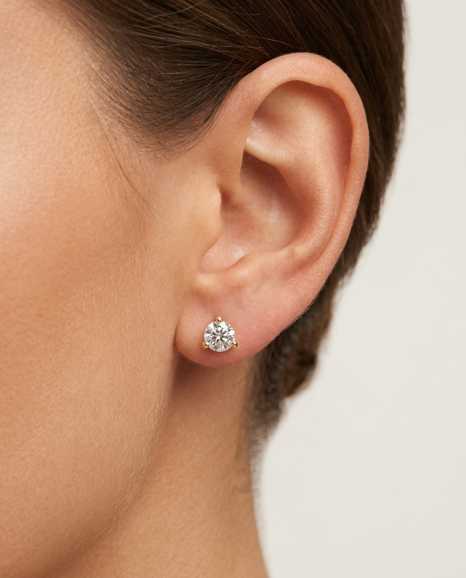 14KT Gold Three Prong Diamond Earrings on model