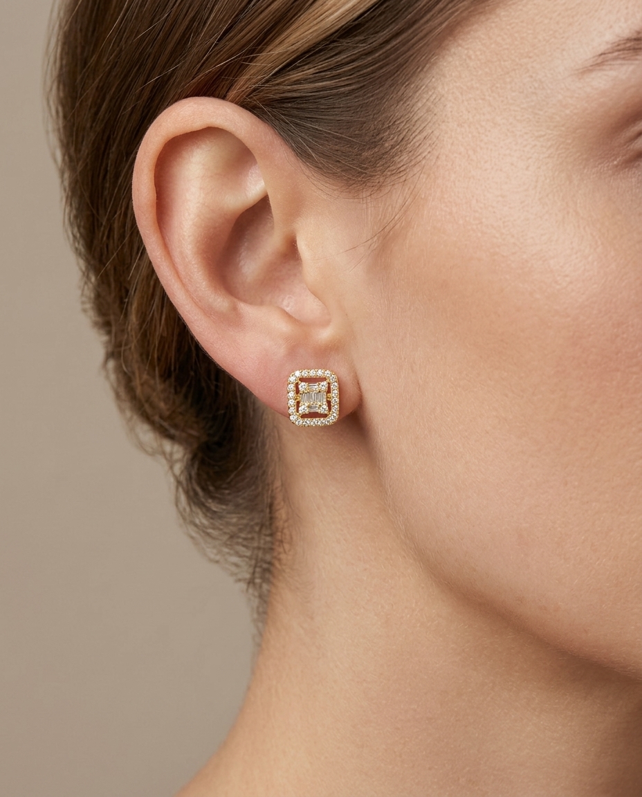 14KT Gold Rectangle Diamond Earing Studs on model
