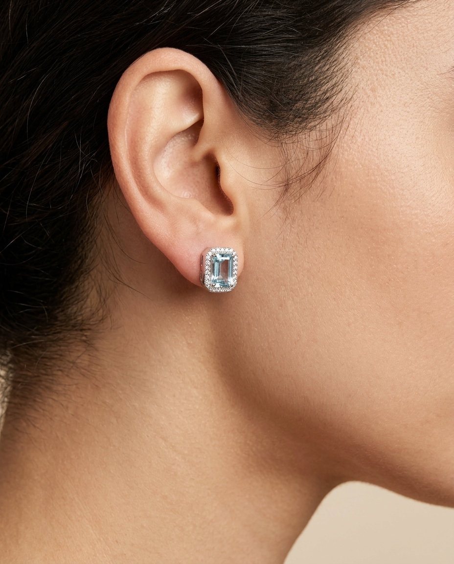 14KT Gold Aquamarine and Diamonds Stud Earring on model
