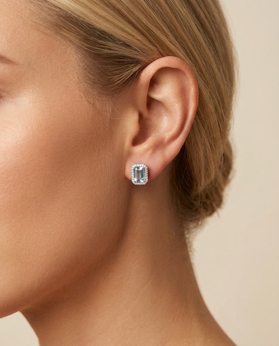 14KT Gold Aquamarine and Diamonds Stud Earring on model