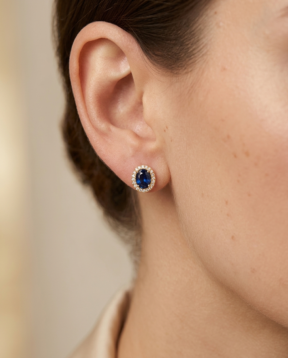 14KT Gold Blue Sapphire with Diamonds Oval Earring on model