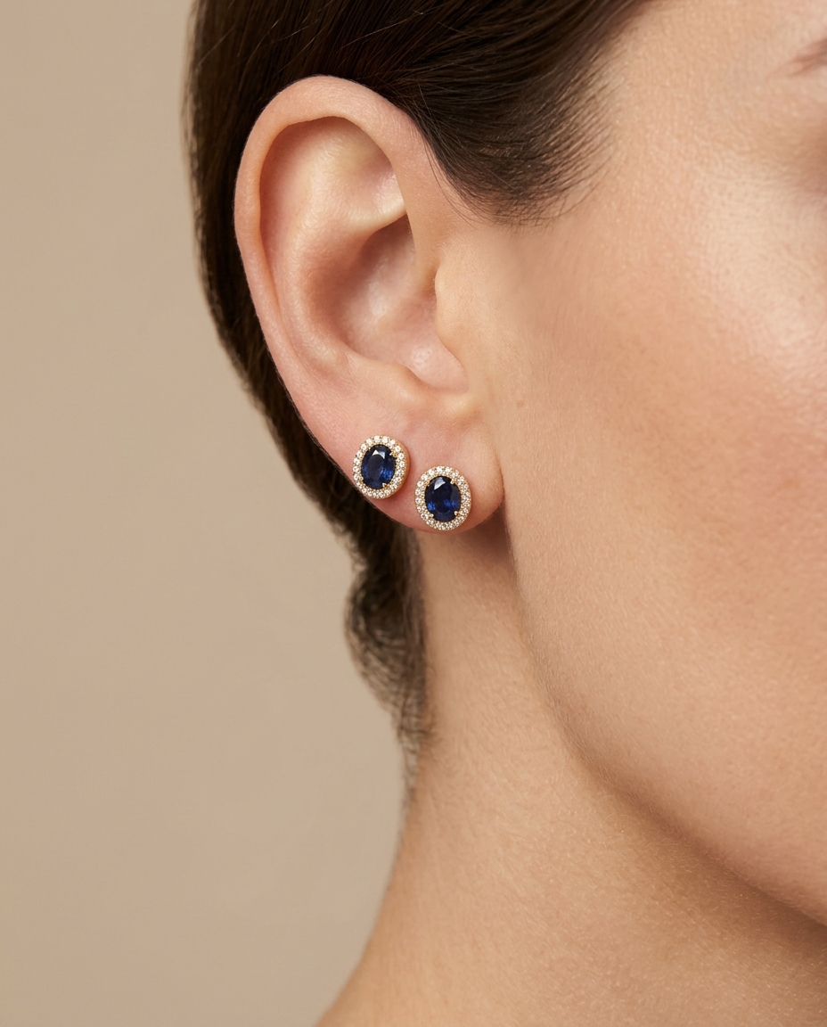 14KT Gold Blue Sapphire with Diamonds Oval Earring on model