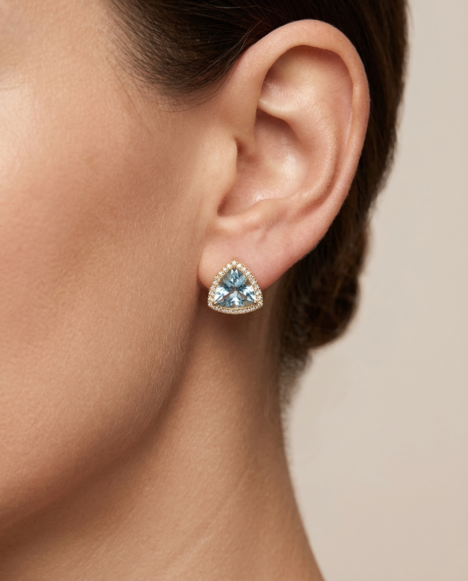 14KT Gold Aquamarine and Diamond Stud Earring on model